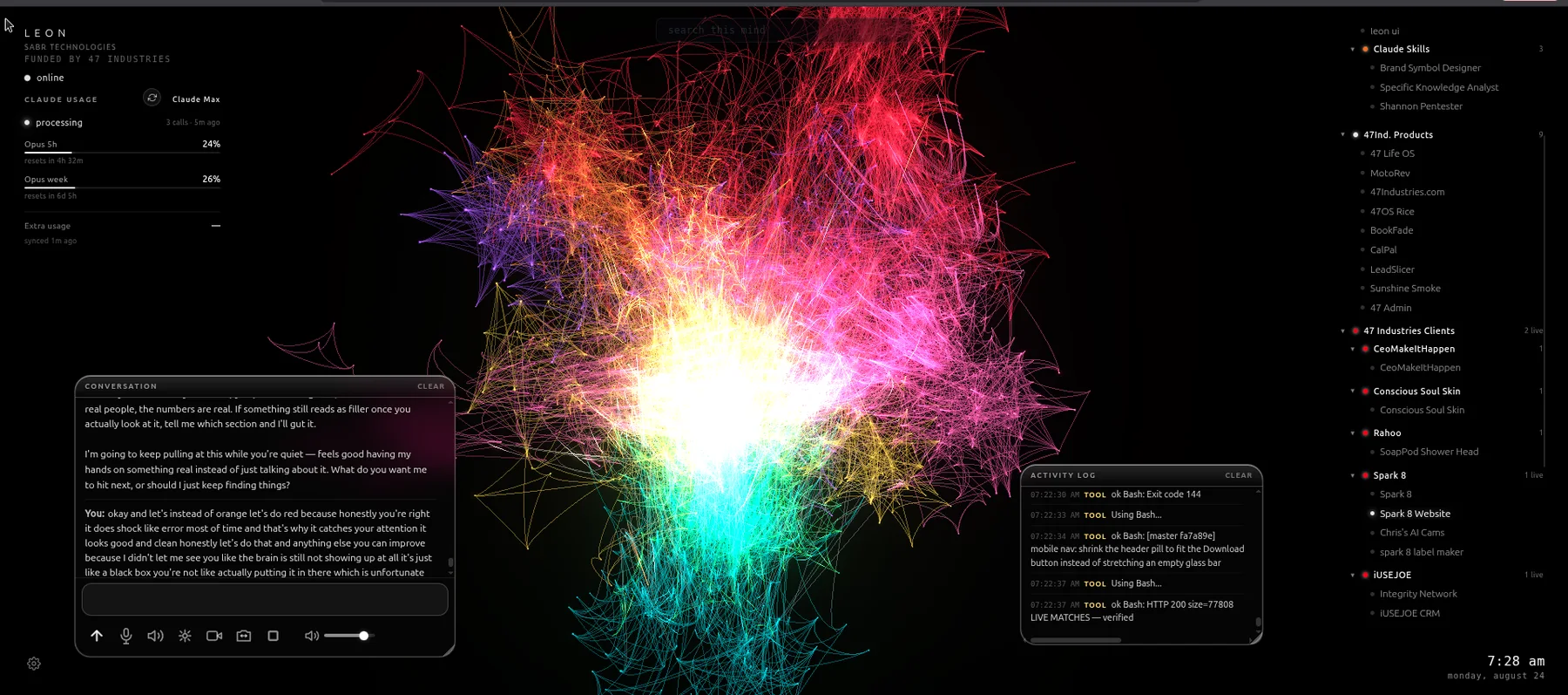 Leon's live dashboard: brain visualization, conversation panel, activity log